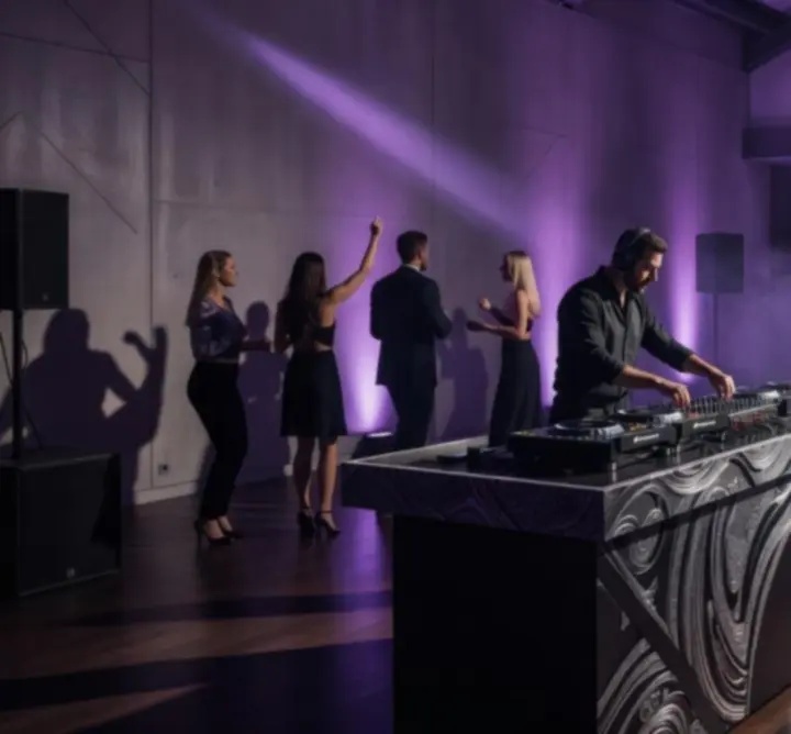 DJ-szett és éjszakai party – táncoló közönség lila fényekben