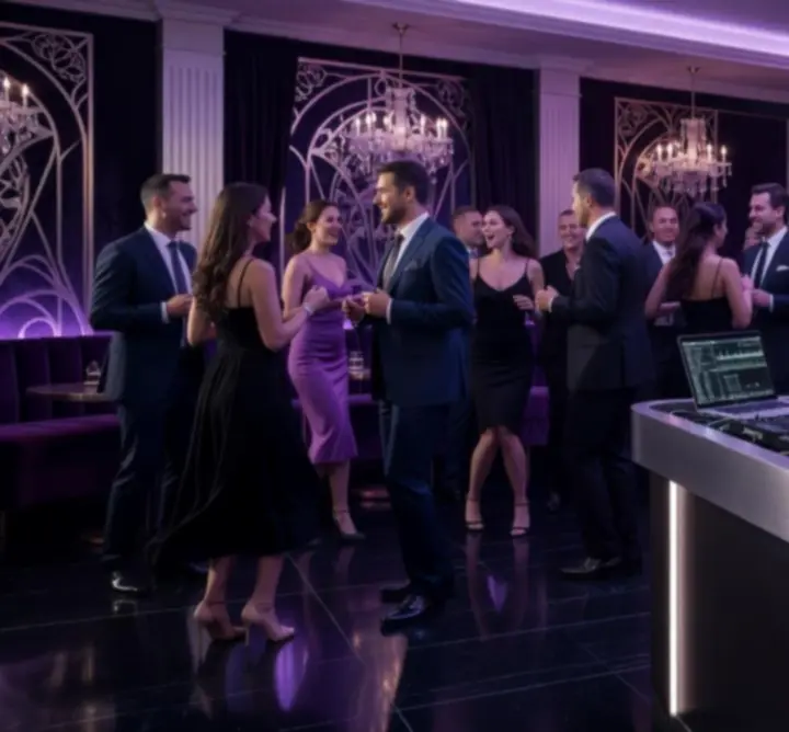 DJ pult, táncparkett és lila-kék fények egy éjszakai party-n
