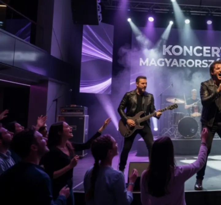 Lila fényekkel megvilágított színpad és koncertközönség